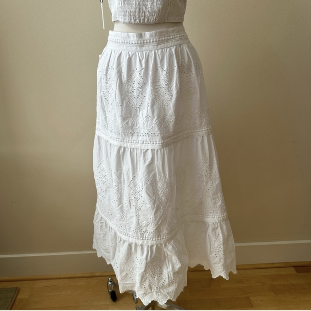 NWT Jason Wu Eyelet 2 Pc Set Tiered Ruffled Midi Skirt & Corset Crop Top White M - Picture 8 of 16